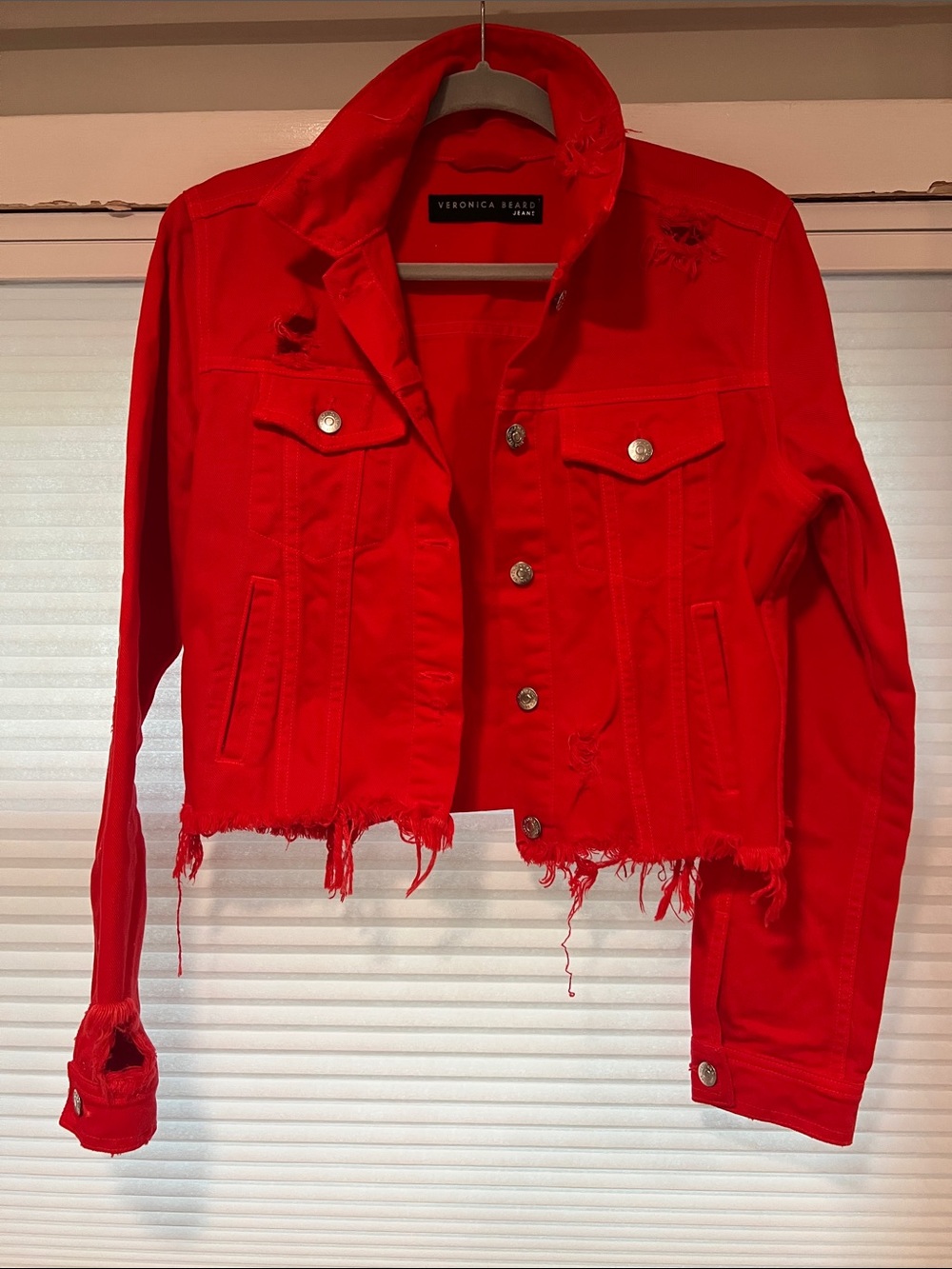 Veronica Beard Bright Red Distressed Cropped Denim Jacket